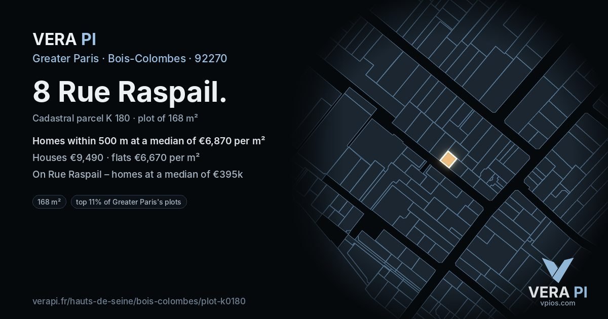 8 Rue Raspail, Bois-Colombes at night – the plot lit, the parcels around coloured by the prices near them