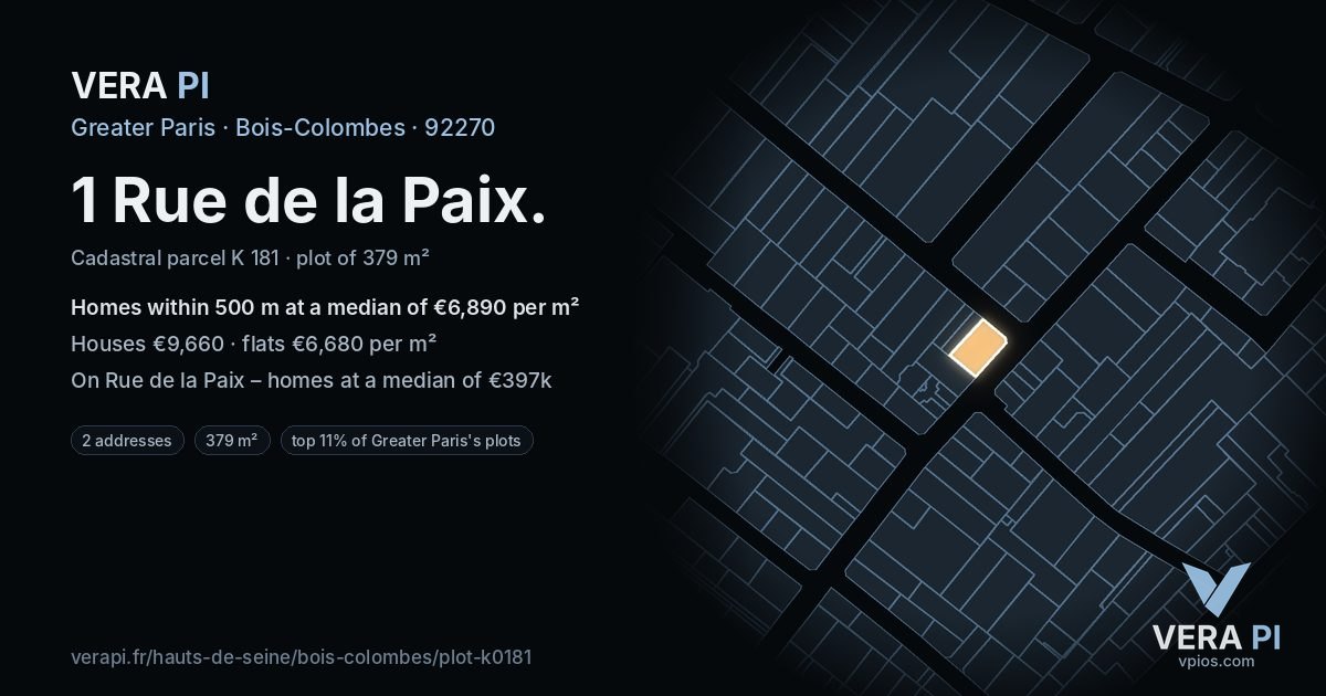 1 Rue de la Paix, Bois-Colombes at night – the plot lit, the parcels around coloured by the prices near them