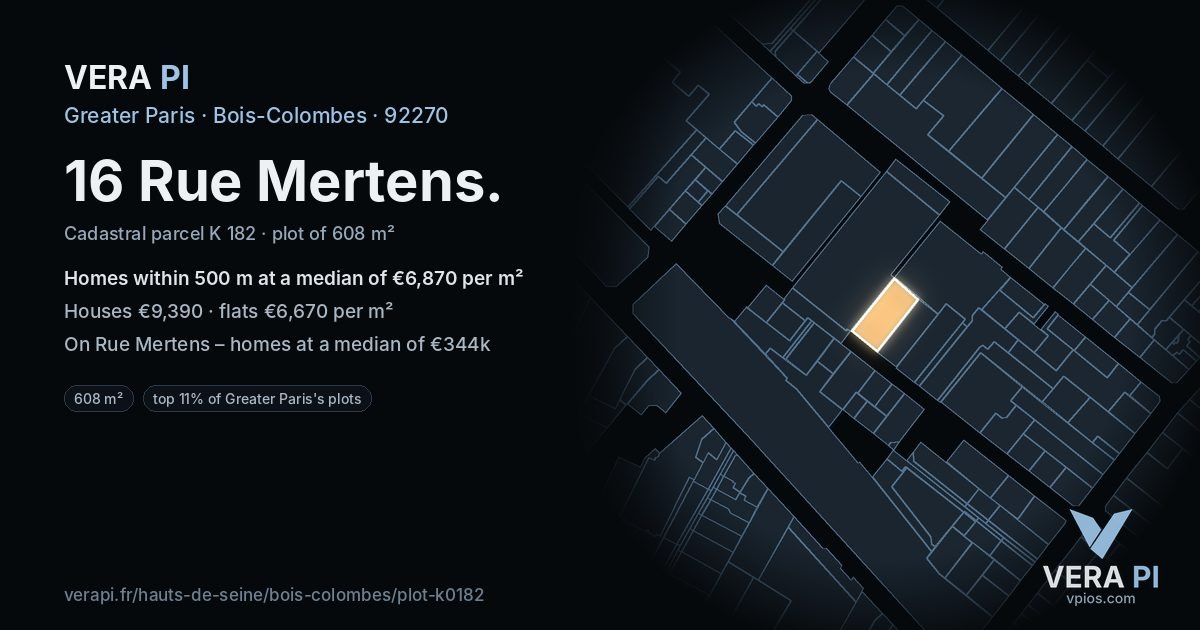 16 Rue Mertens, Bois-Colombes at night – the plot lit, the parcels around coloured by the prices near them