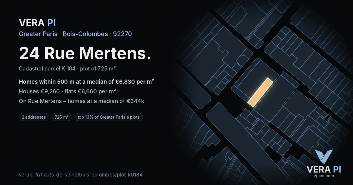 24 Rue Mertens, Bois-Colombes at night – the plot lit, the parcels around coloured by the prices near them
