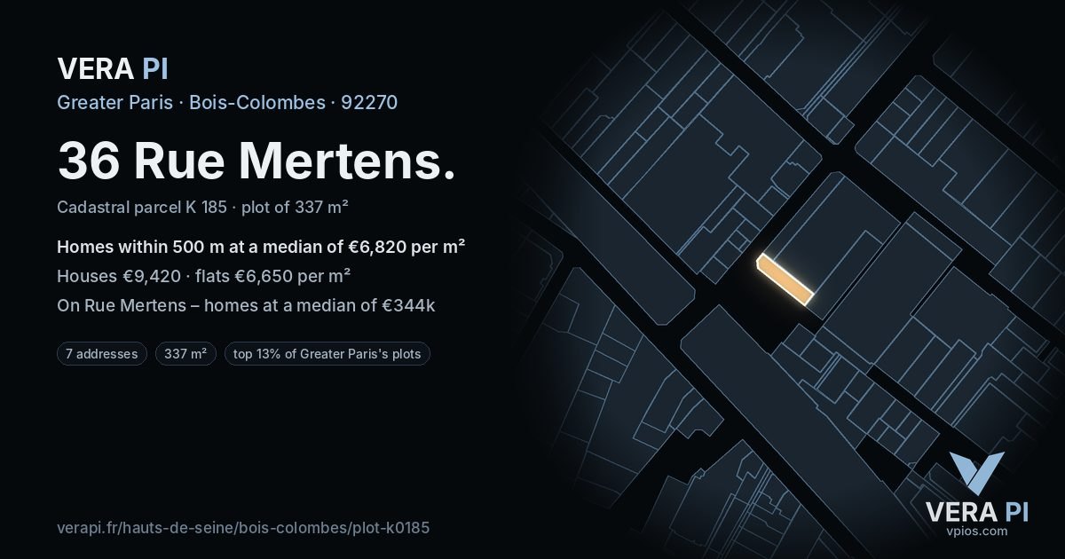36 Rue Mertens, Bois-Colombes at night – the plot lit, the parcels around coloured by the prices near them