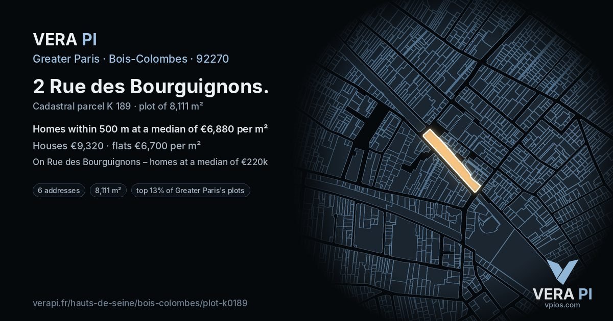 2 Rue des Bourguignons, Bois-Colombes at night – the plot lit, the parcels around coloured by the prices near them
