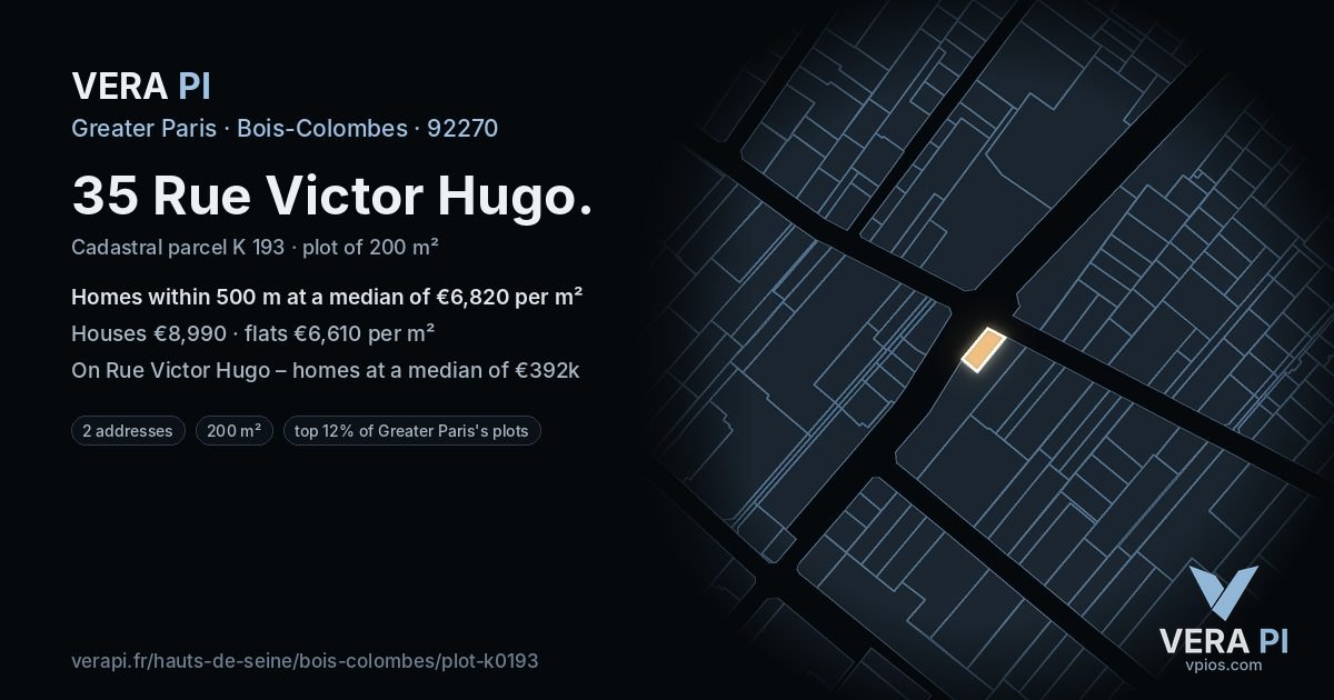 35 Rue Victor Hugo, Bois-Colombes at night – the plot lit, the parcels around coloured by the prices near them