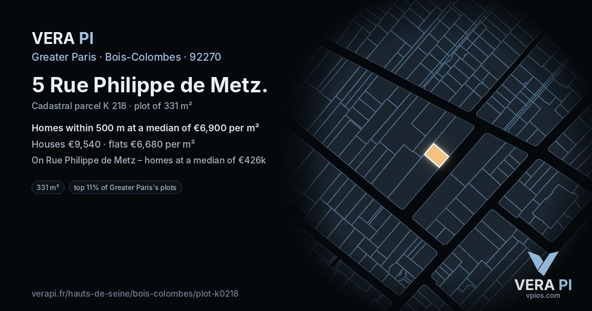 5 Rue Philippe de Metz, Bois-Colombes at night – the plot lit, the parcels around coloured by the prices near them