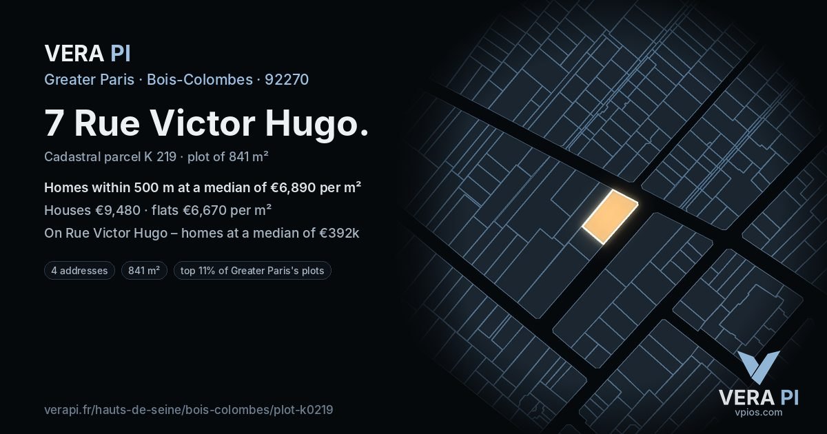 7 Rue Victor Hugo, Bois-Colombes at night – the plot lit, the parcels around coloured by the prices near them