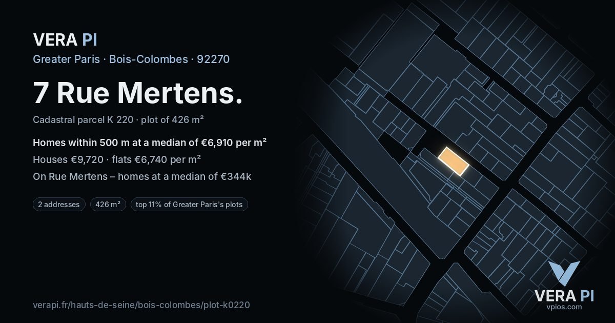 7 Rue Mertens, Bois-Colombes at night – the plot lit, the parcels around coloured by the prices near them