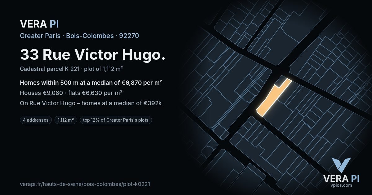 33 Rue Victor Hugo, Bois-Colombes at night – the plot lit, the parcels around coloured by the prices near them