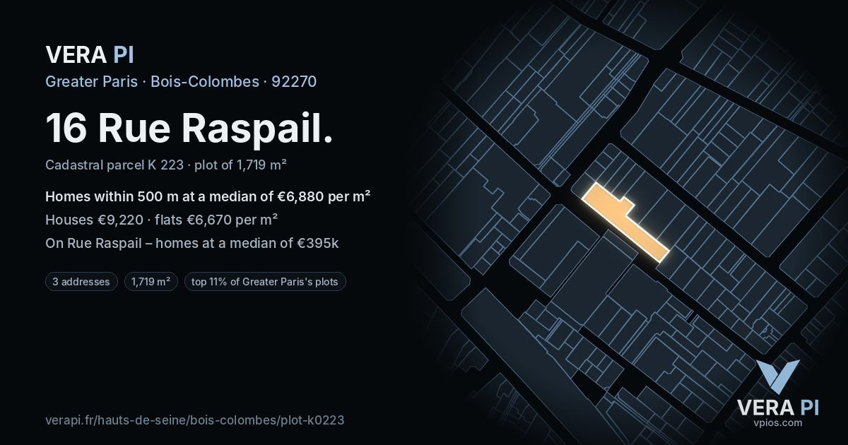 16 Rue Raspail, Bois-Colombes at night – the plot lit, the parcels around coloured by the prices near them