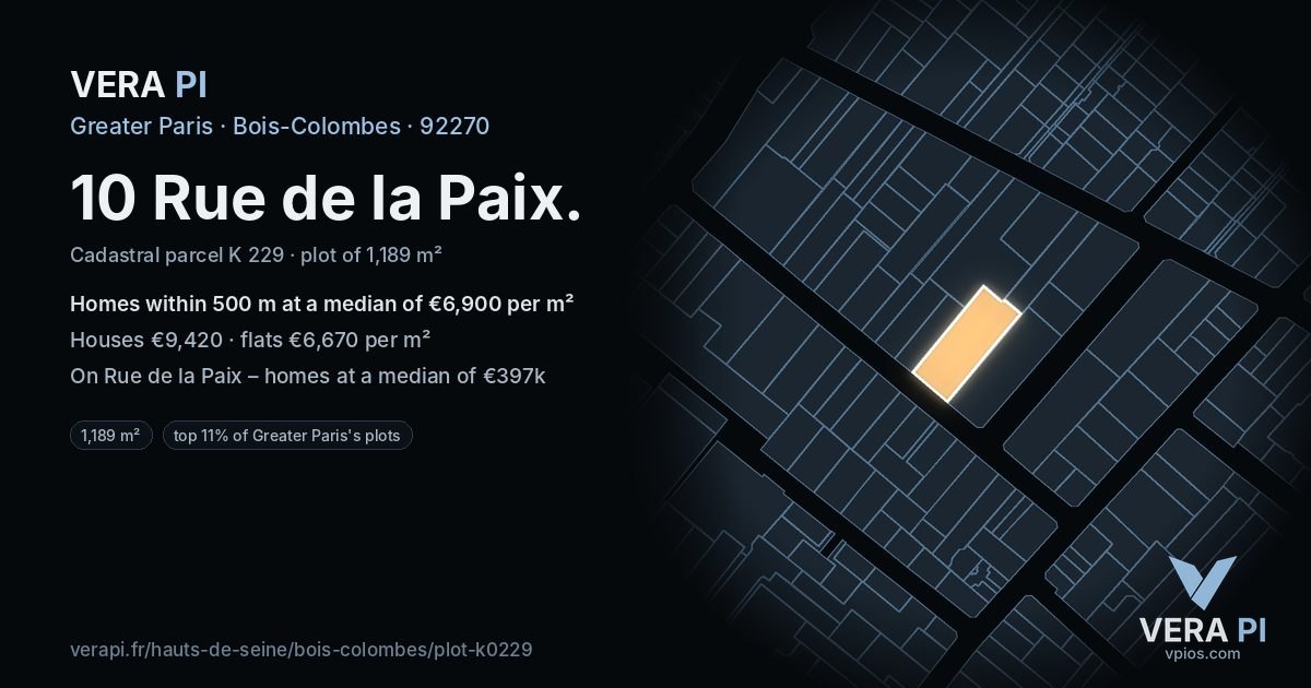 10 Rue de la Paix, Bois-Colombes at night – the plot lit, the parcels around coloured by the prices near them