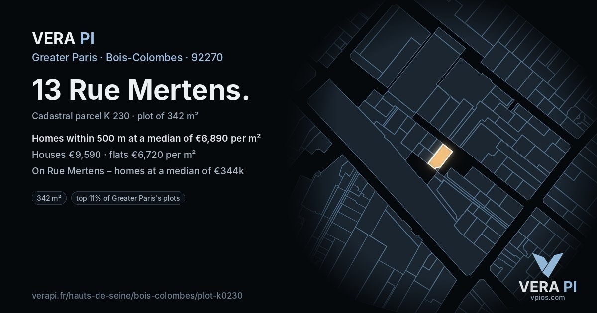 13 Rue Mertens, Bois-Colombes at night – the plot lit, the parcels around coloured by the prices near them