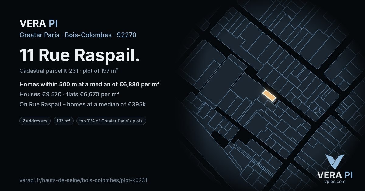 11 Rue Raspail, Bois-Colombes at night – the plot lit, the parcels around coloured by the prices near them