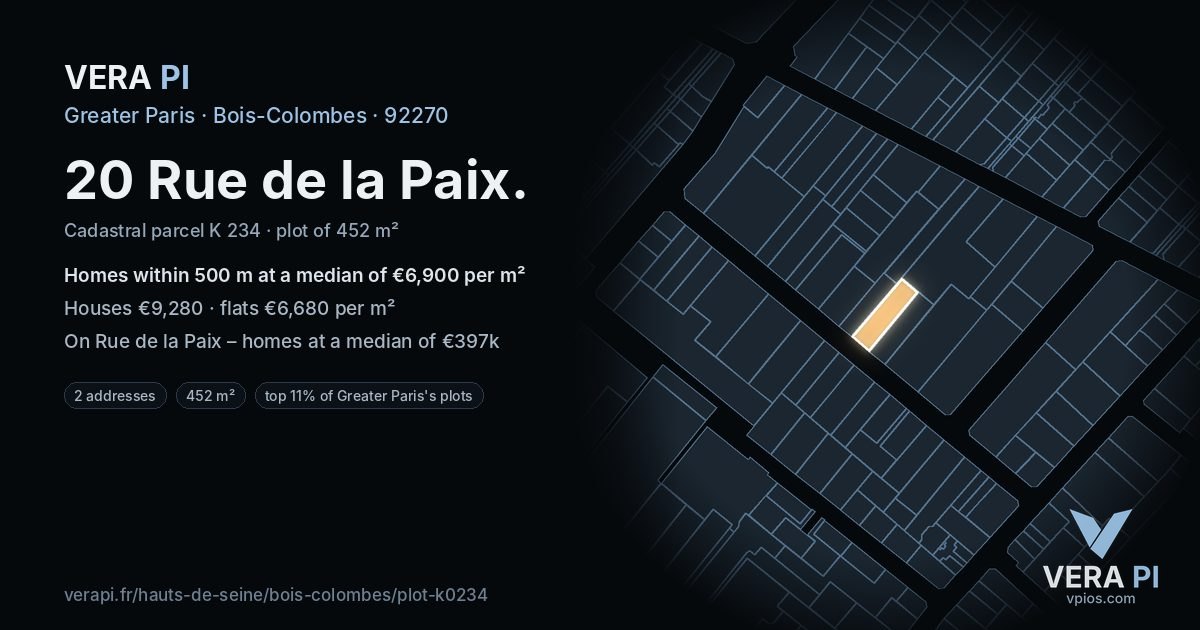 20 Rue de la Paix, Bois-Colombes at night – the plot lit, the parcels around coloured by the prices near them