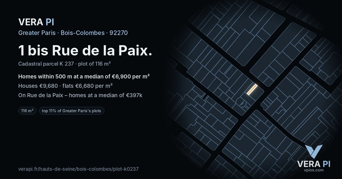 1 bis Rue de la Paix, Bois-Colombes at night – the plot lit, the parcels around coloured by the prices near them
