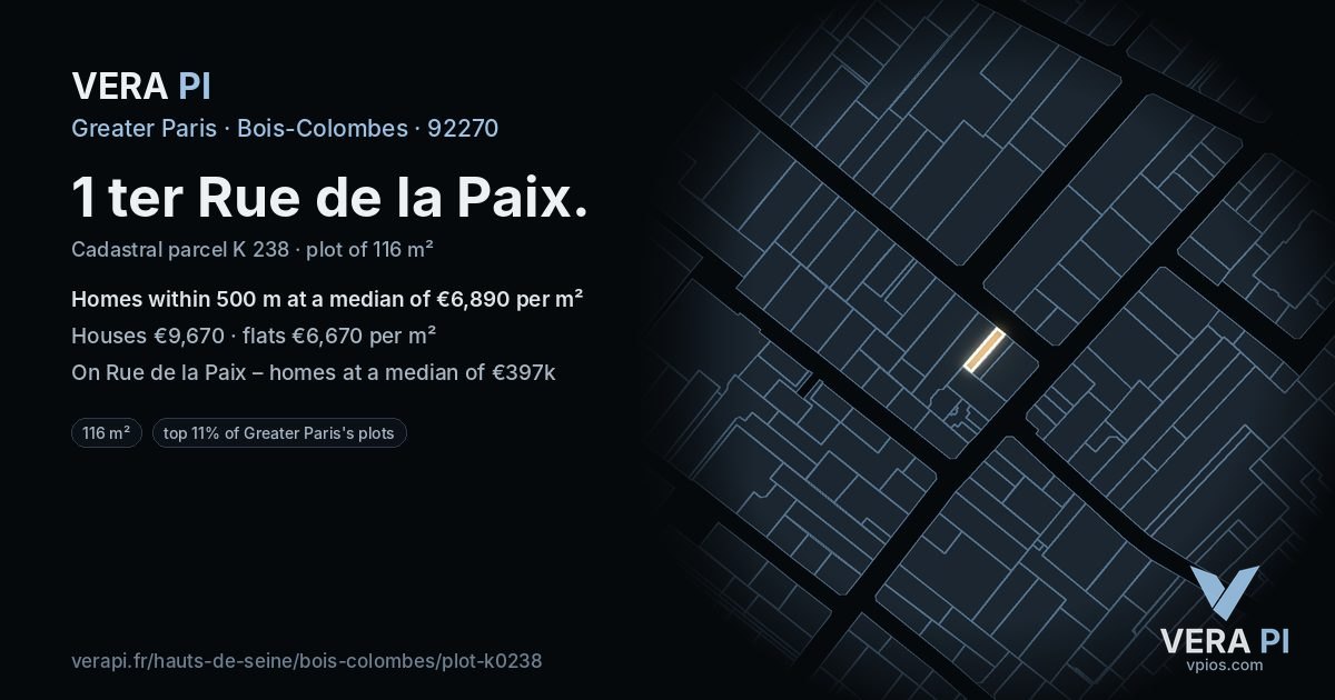 1 ter Rue de la Paix, Bois-Colombes at night – the plot lit, the parcels around coloured by the prices near them