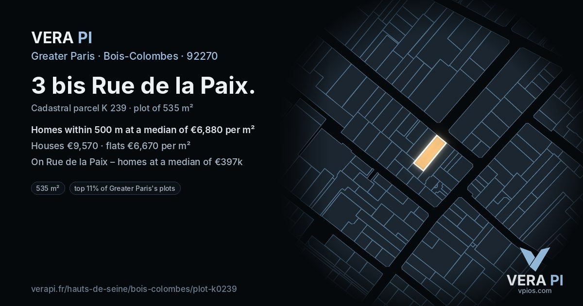 3 bis Rue de la Paix, Bois-Colombes at night – the plot lit, the parcels around coloured by the prices near them