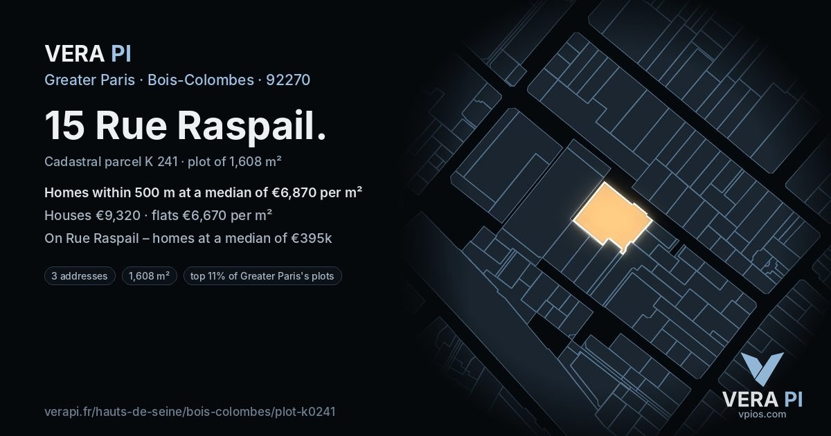 15 Rue Raspail, Bois-Colombes at night – the plot lit, the parcels around coloured by the prices near them