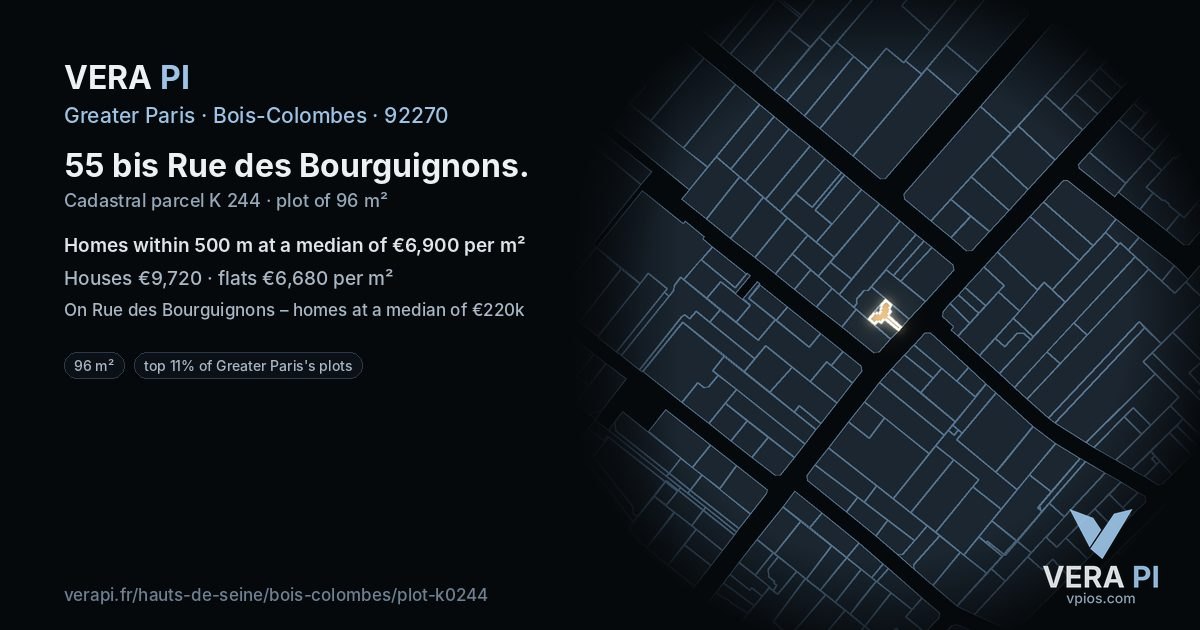 55 bis Rue des Bourguignons, Bois-Colombes at night – the plot lit, the parcels around coloured by the prices near them