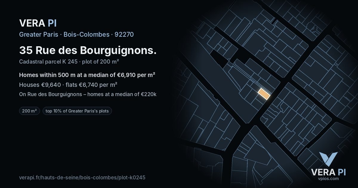 35 Rue des Bourguignons, Bois-Colombes at night – the plot lit, the parcels around coloured by the prices near them