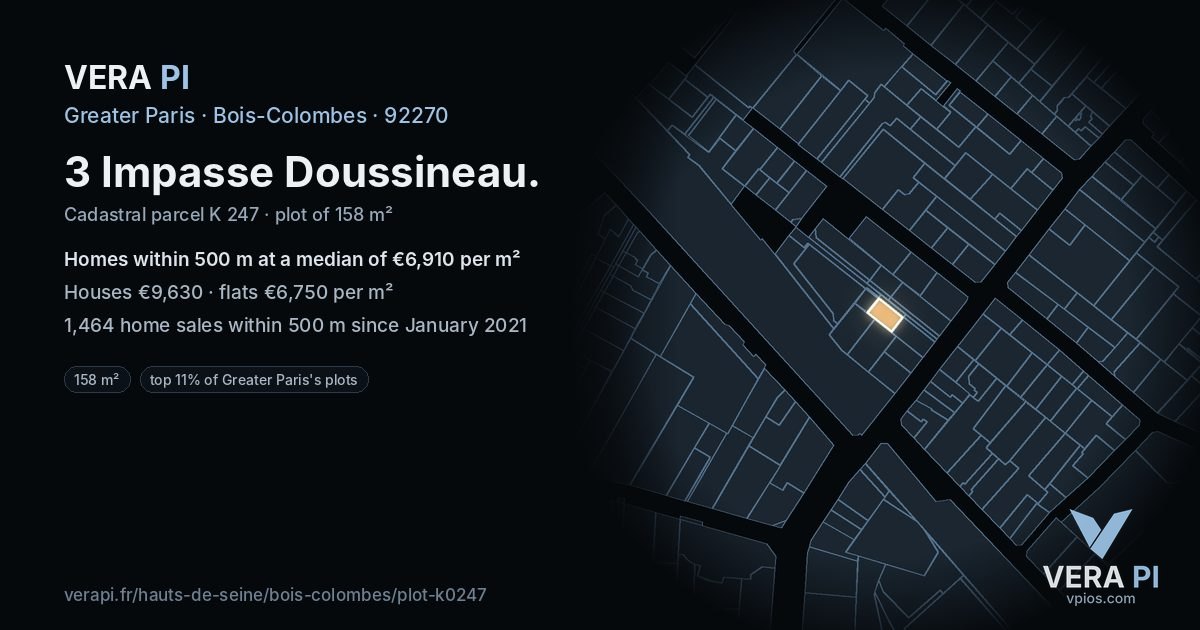 3 Impasse Doussineau, Bois-Colombes at night – the plot lit, the parcels around coloured by the prices near them