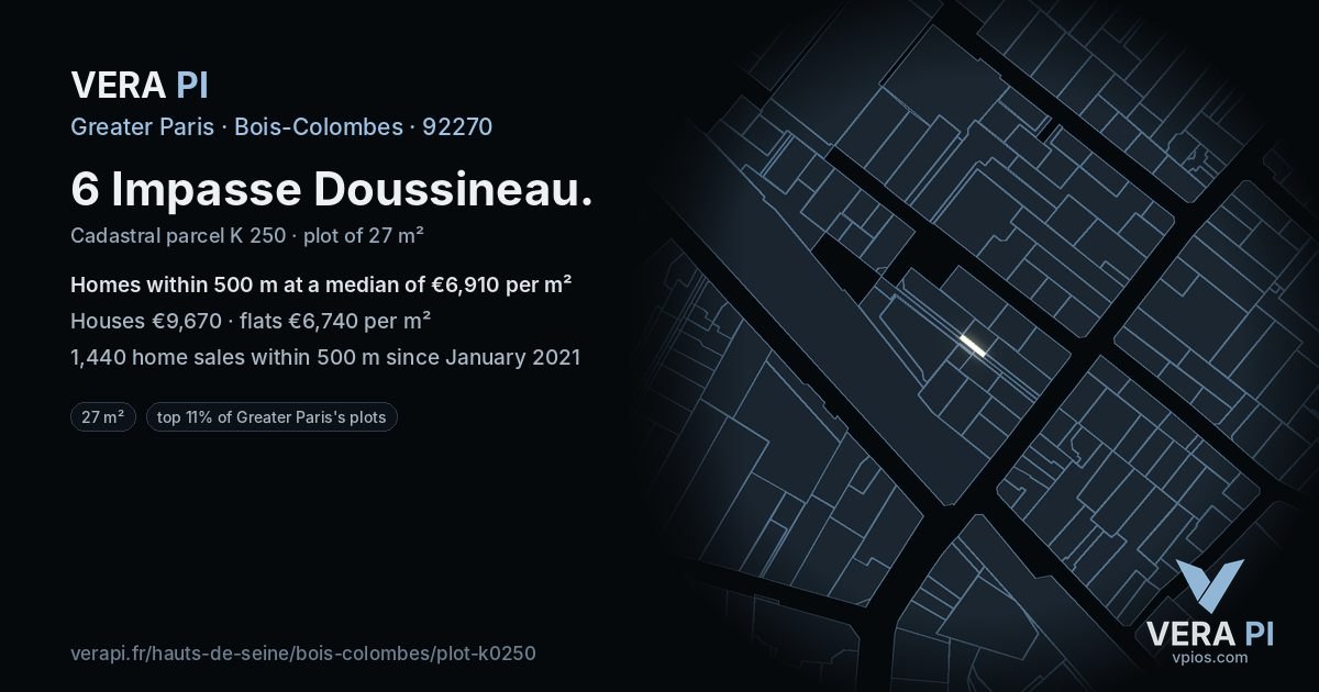 6 Impasse Doussineau, Bois-Colombes at night – the plot lit, the parcels around coloured by the prices near them