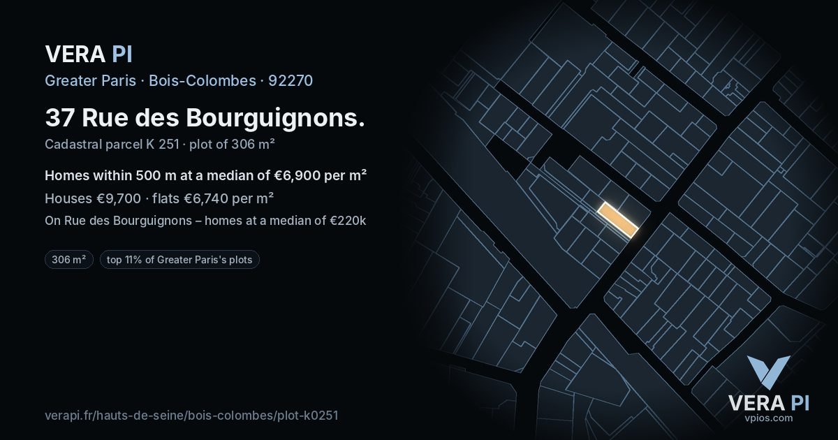 37 Rue des Bourguignons, Bois-Colombes at night – the plot lit, the parcels around coloured by the prices near them