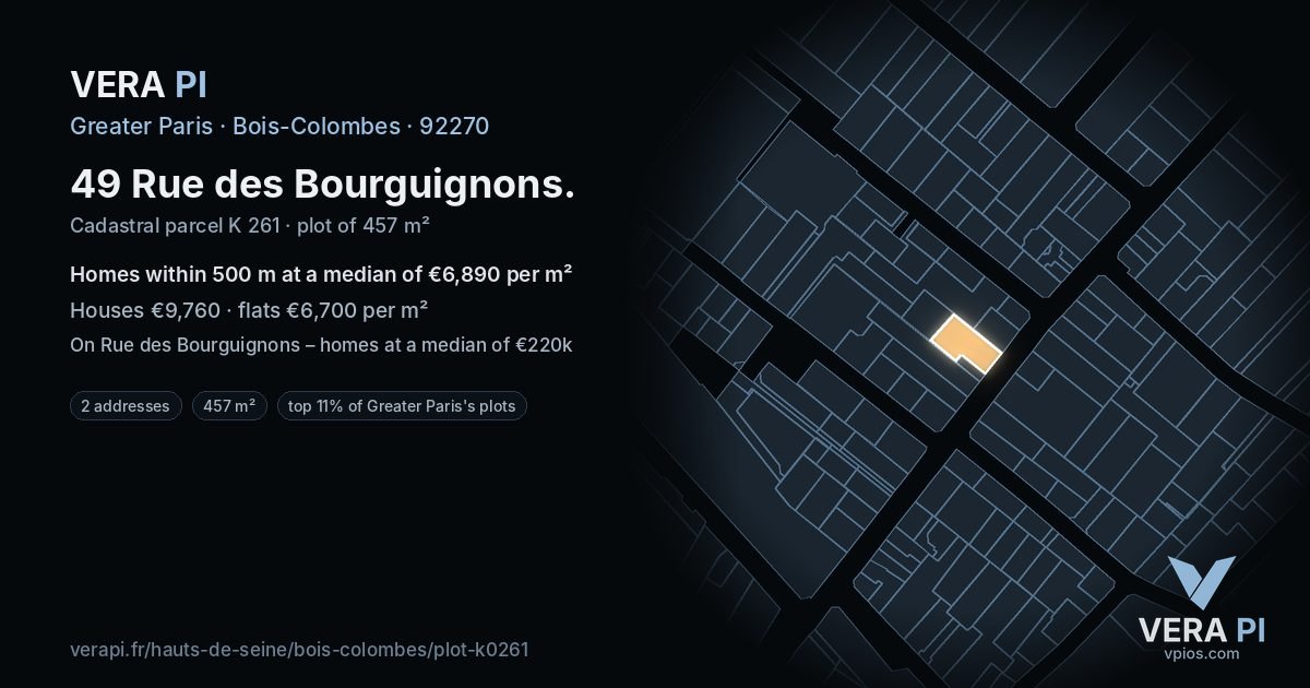 49 Rue des Bourguignons, Bois-Colombes at night – the plot lit, the parcels around coloured by the prices near them