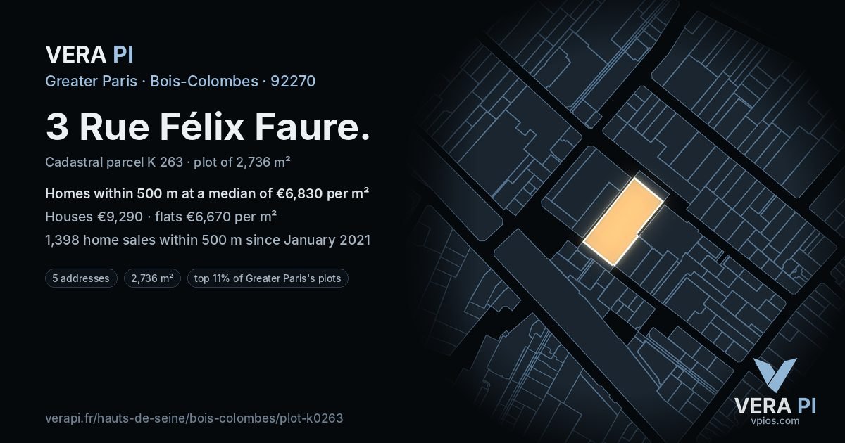 3 Rue Félix Faure, Bois-Colombes at night – the plot lit, the parcels around coloured by the prices near them