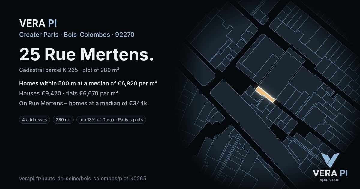 25 Rue Mertens, Bois-Colombes at night – the plot lit, the parcels around coloured by the prices near them