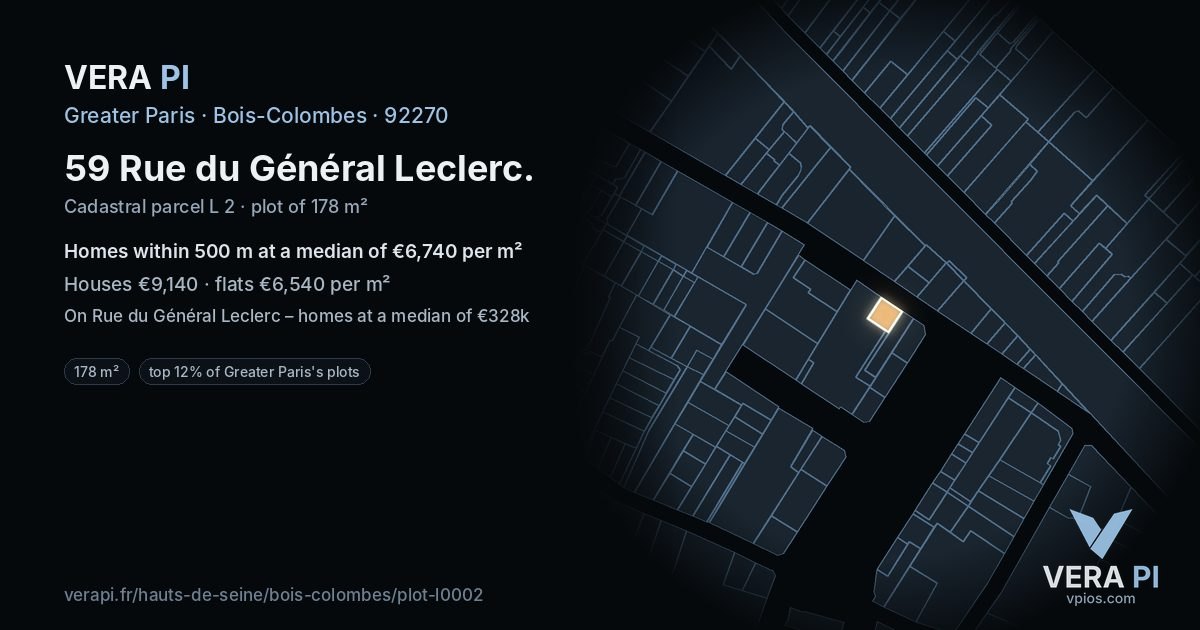 59 Rue du Général Leclerc, Bois-Colombes at night – the plot lit, the parcels around coloured by the prices near them