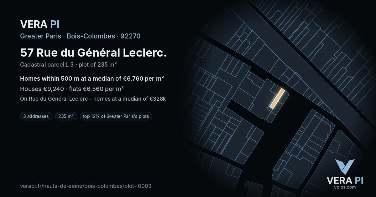 57 Rue du Général Leclerc, Bois-Colombes at night – the plot lit, the parcels around coloured by the prices near them