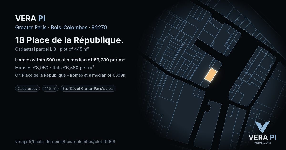 18 Place de la République, Bois-Colombes at night – the plot lit, the parcels around coloured by the prices near them