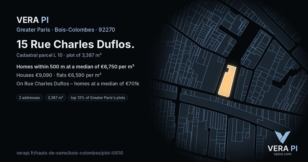15 Rue Charles Duflos, Bois-Colombes at night – the plot lit, the parcels around coloured by the prices near them