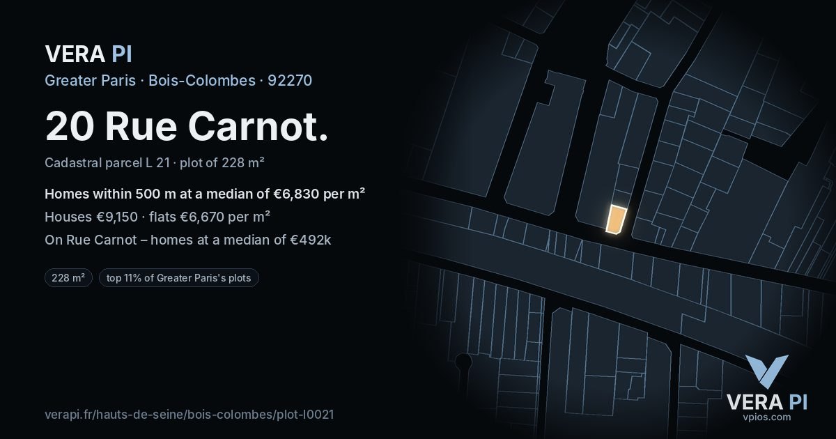 20 Rue Carnot, Bois-Colombes at night – the plot lit, the parcels around coloured by the prices near them