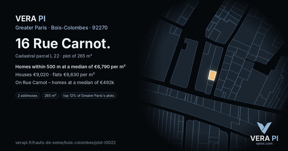 16 Rue Carnot, Bois-Colombes at night – the plot lit, the parcels around coloured by the prices near them