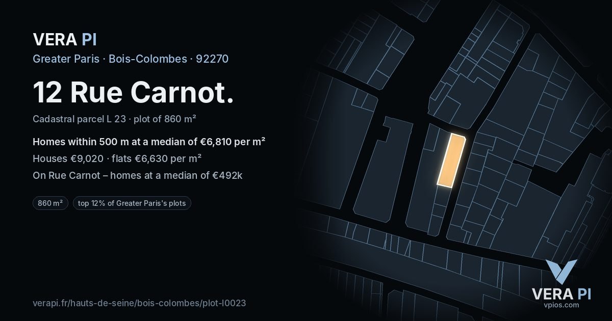 12 Rue Carnot, Bois-Colombes at night – the plot lit, the parcels around coloured by the prices near them