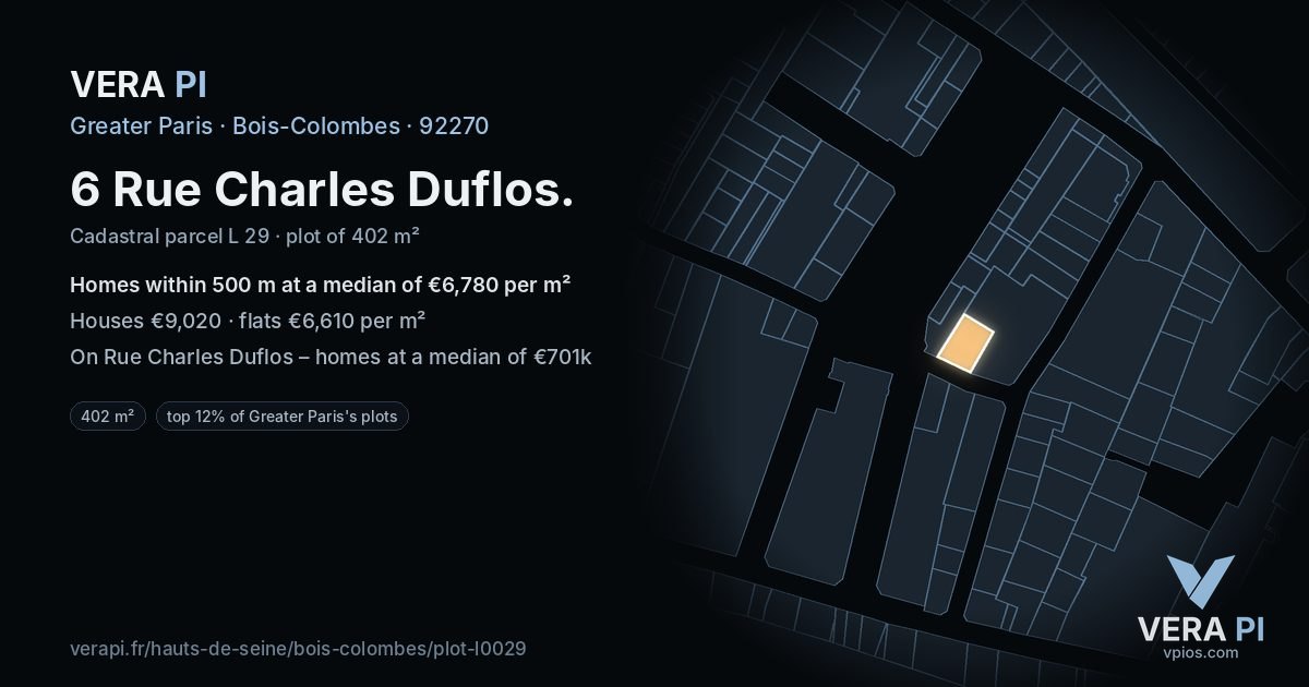 6 Rue Charles Duflos, Bois-Colombes at night – the plot lit, the parcels around coloured by the prices near them