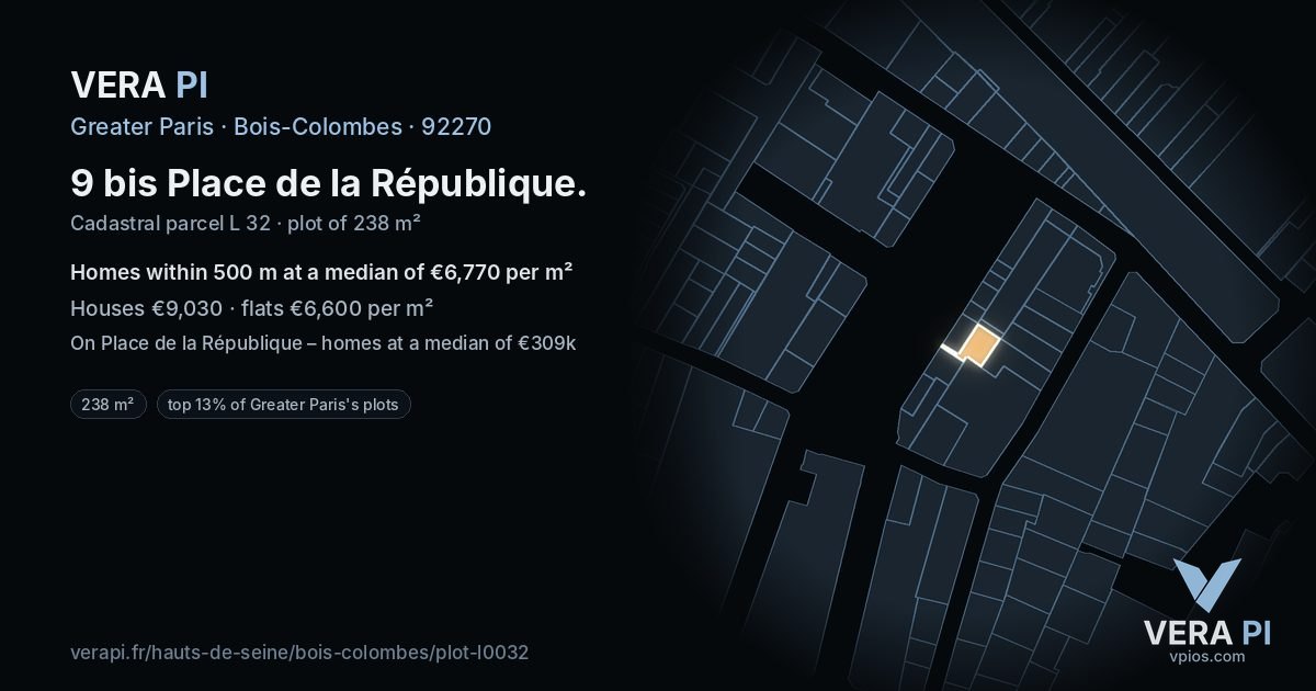 9 bis Place de la République, Bois-Colombes at night – the plot lit, the parcels around coloured by the prices near them