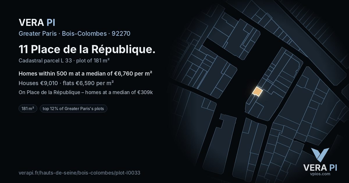 11 Place de la République, Bois-Colombes at night – the plot lit, the parcels around coloured by the prices near them