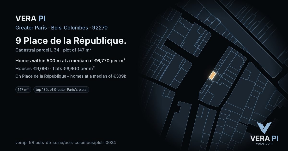 9 Place de la République, Bois-Colombes at night – the plot lit, the parcels around coloured by the prices near them