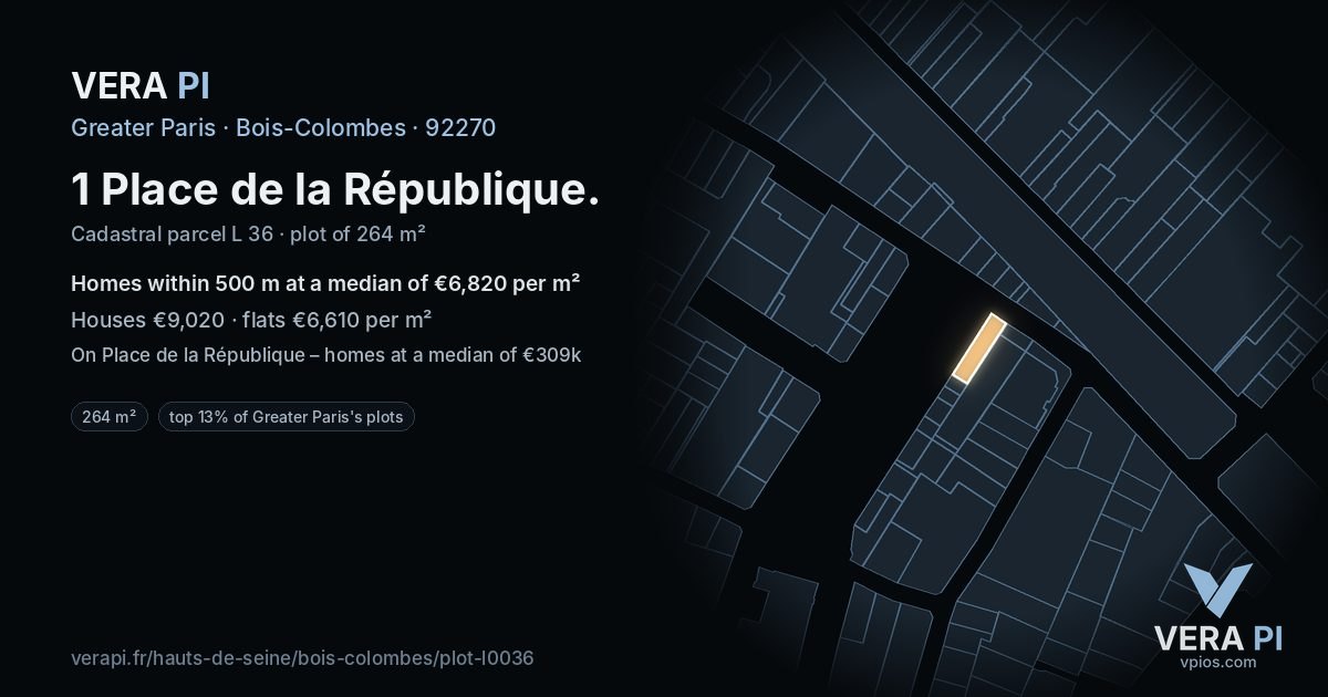 1 Place de la République, Bois-Colombes at night – the plot lit, the parcels around coloured by the prices near them