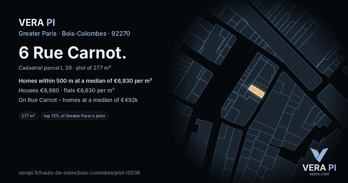6 Rue Carnot, Bois-Colombes at night – the plot lit, the parcels around coloured by the prices near them