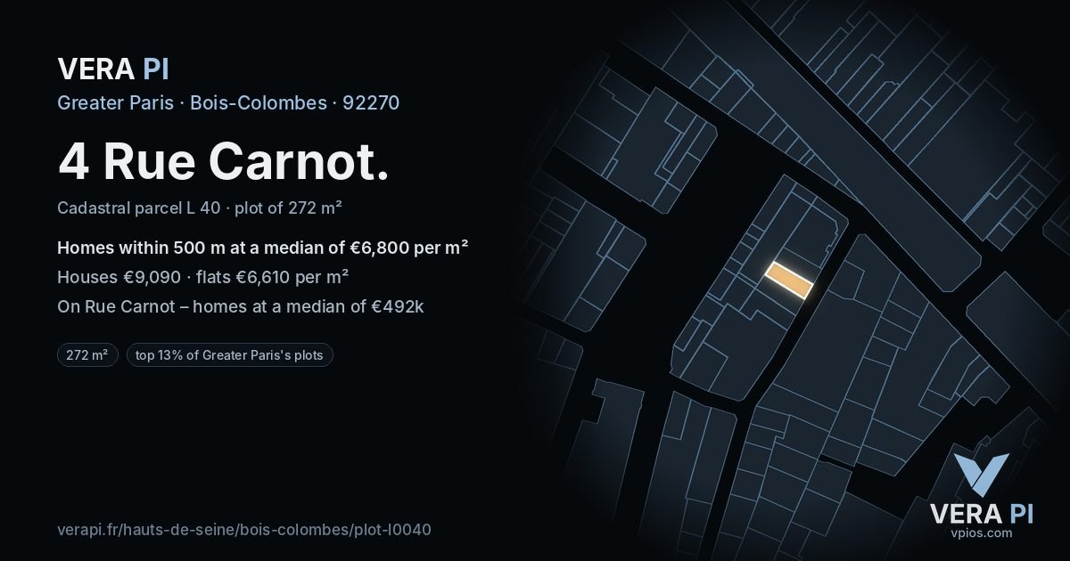 4 Rue Carnot, Bois-Colombes at night – the plot lit, the parcels around coloured by the prices near them