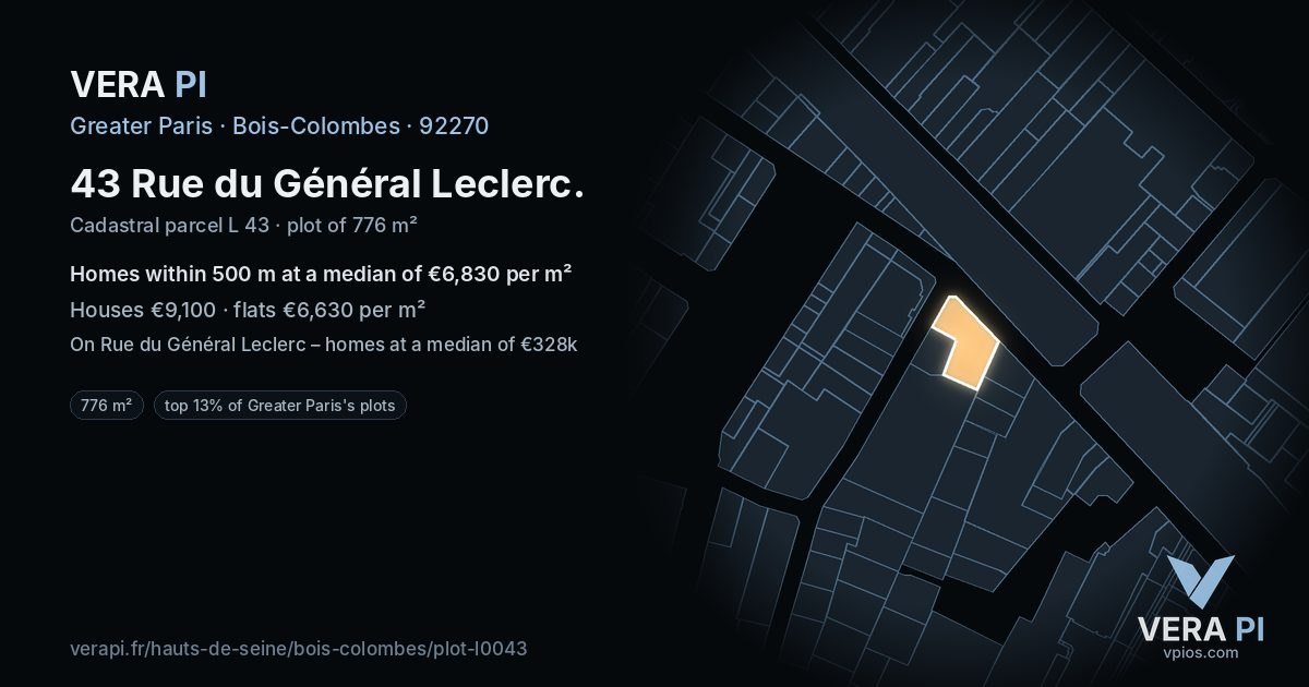 43 Rue du Général Leclerc, Bois-Colombes at night – the plot lit, the parcels around coloured by the prices near them