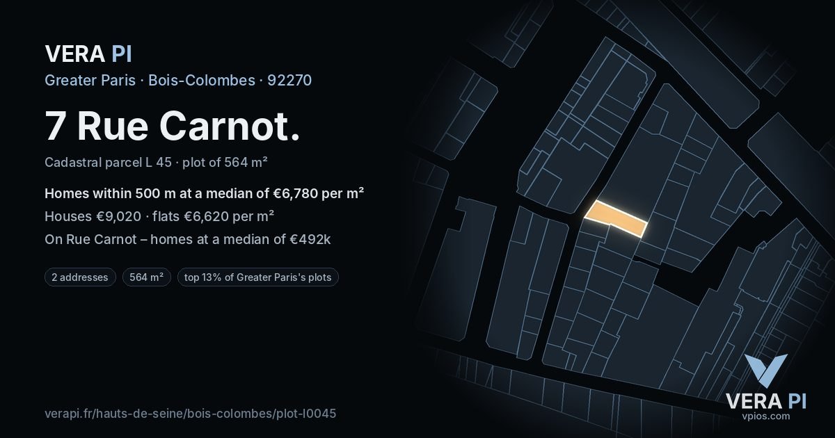 7 Rue Carnot, Bois-Colombes at night – the plot lit, the parcels around coloured by the prices near them