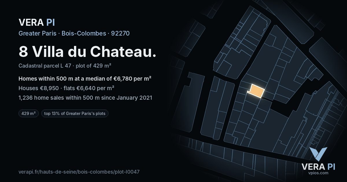 8 Villa du Chateau, Bois-Colombes at night – the plot lit, the parcels around coloured by the prices near them