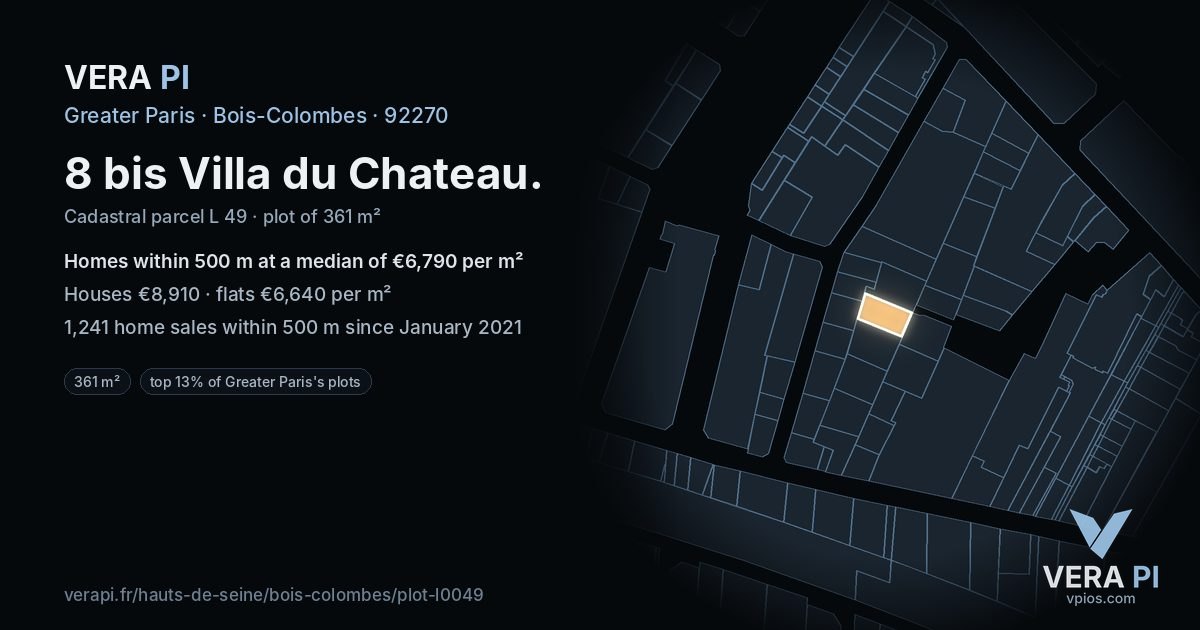 8 bis Villa du Chateau, Bois-Colombes at night – the plot lit, the parcels around coloured by the prices near them