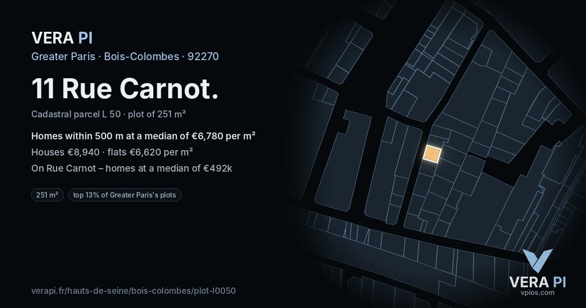 11 Rue Carnot, Bois-Colombes at night – the plot lit, the parcels around coloured by the prices near them