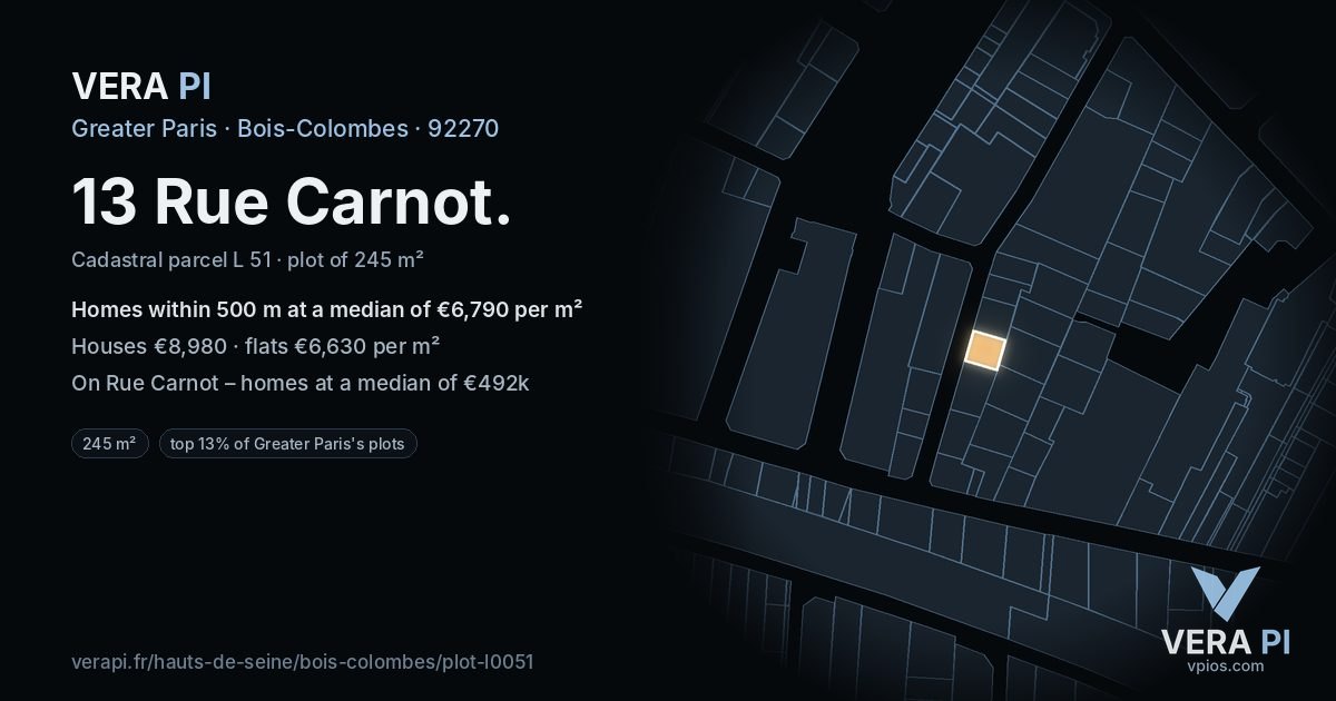 13 Rue Carnot, Bois-Colombes at night – the plot lit, the parcels around coloured by the prices near them