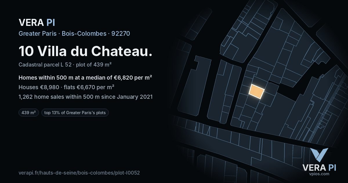 10 Villa du Chateau, Bois-Colombes at night – the plot lit, the parcels around coloured by the prices near them