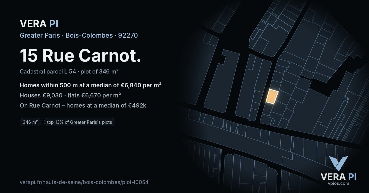15 Rue Carnot, Bois-Colombes at night – the plot lit, the parcels around coloured by the prices near them